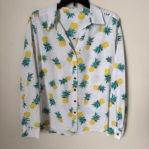 White Pineapple Print Button-Up Blouse long sleeve.        #32